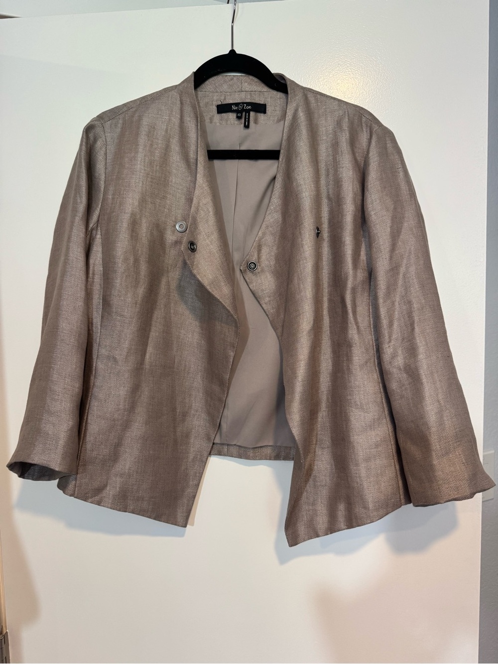 NWT NIC+ZOE French Linen Mix Asymmetric Snap Jacket Beige 12